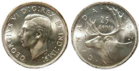 1947 maple leaf canada 25 cent
