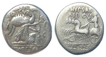  M. Aemilius Scaurus and P. Plautius Hypsaeus. ca. 58 BC. Silver denarius.