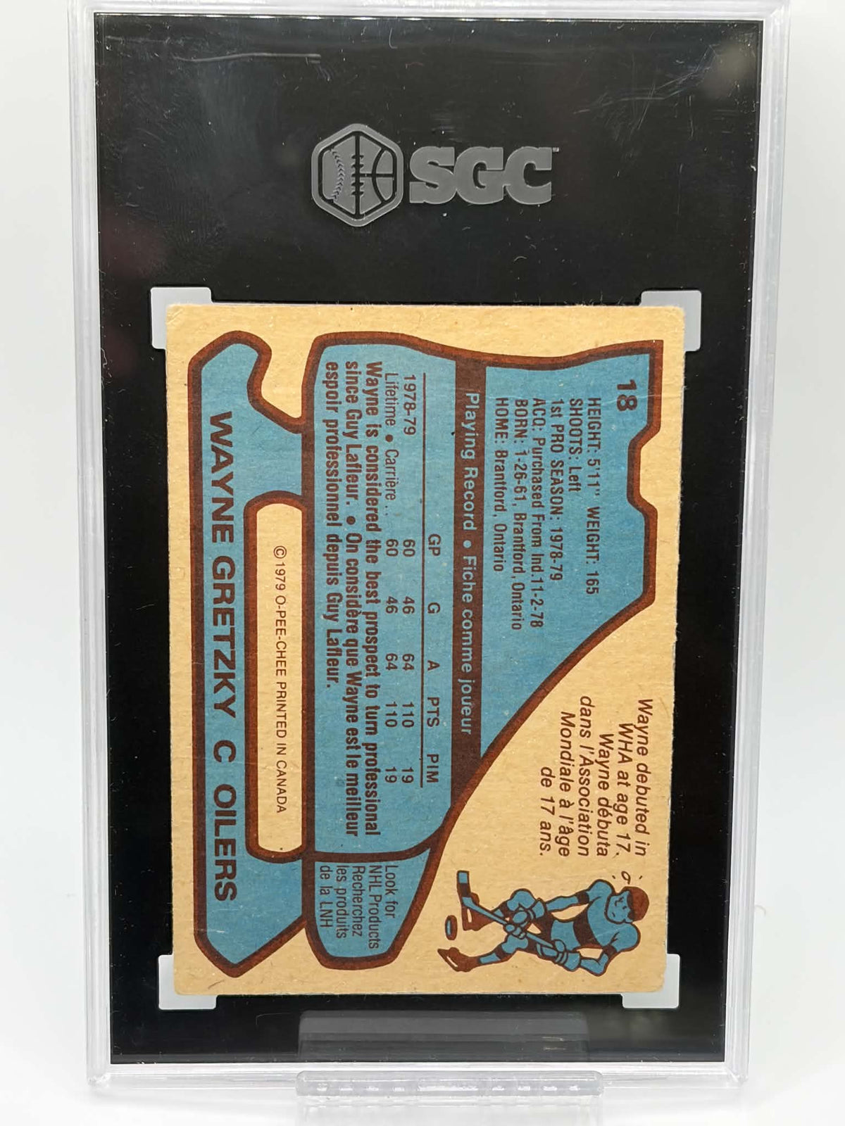 1979-80 O-Pee-Chee #18 Wayne Gretzky rookie card reverse with skate-shaped bilingual biography and statistics