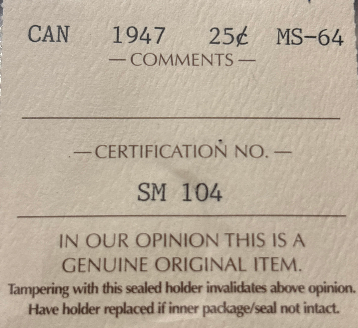 1947 Canada 25 Cent. ICCS graded MS-64