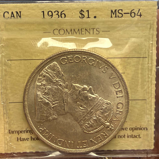 1936 Canadian silver dollar George V obverse in ICCS MS-64 holder
