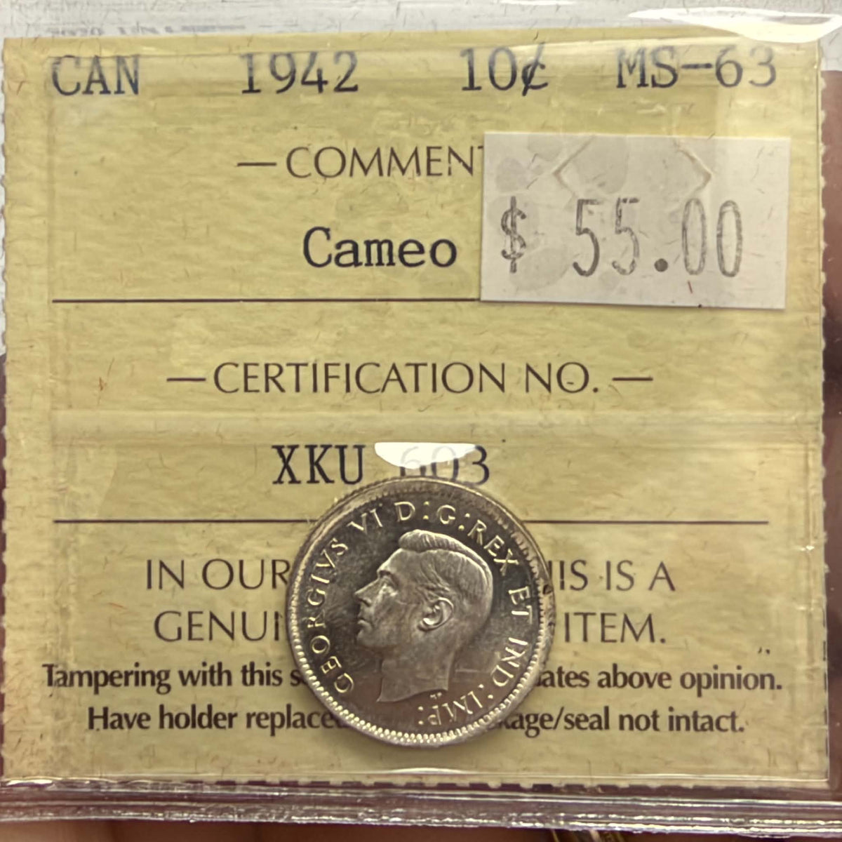 ICCS label 1942 Canada 10 cents MS63 Cameo certification XKU 603