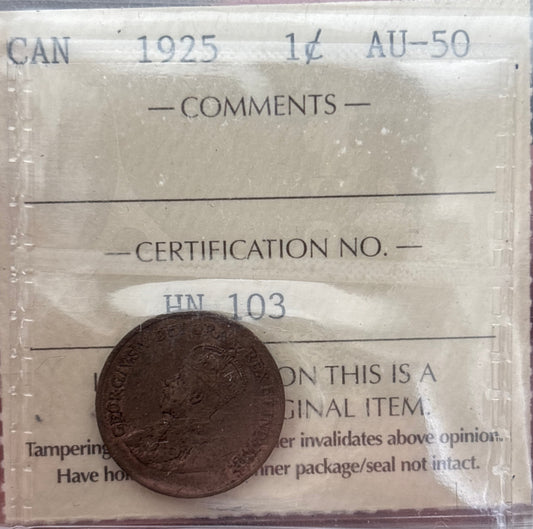 1925 Canada 1 Cent. ICCS graded AU-50