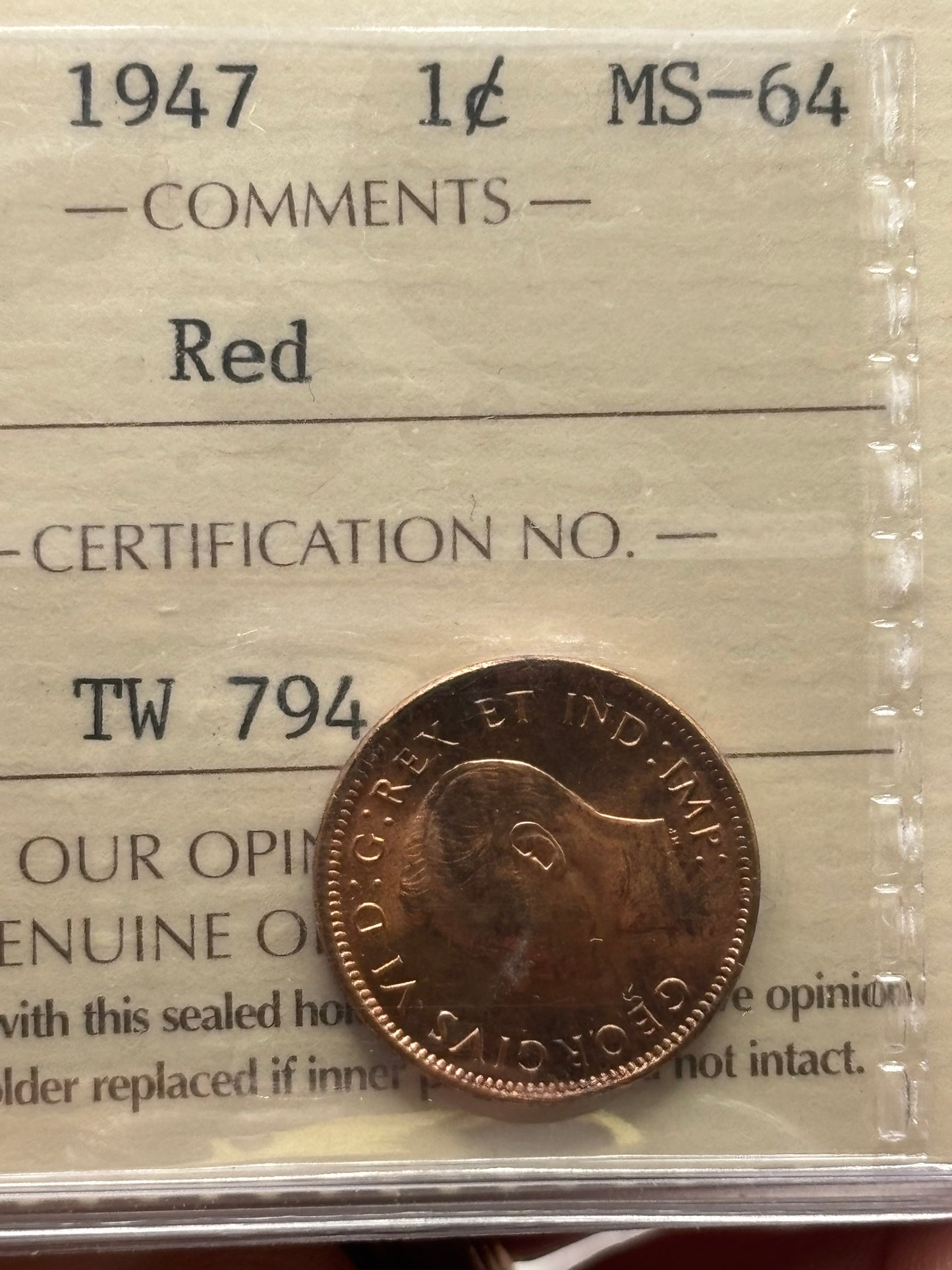 1947 Canada $0.01. ICCS graded MS-64 Red