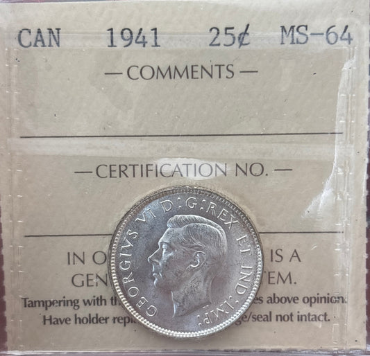 1941 Canada 25 Cent. ICCS graded MS-64