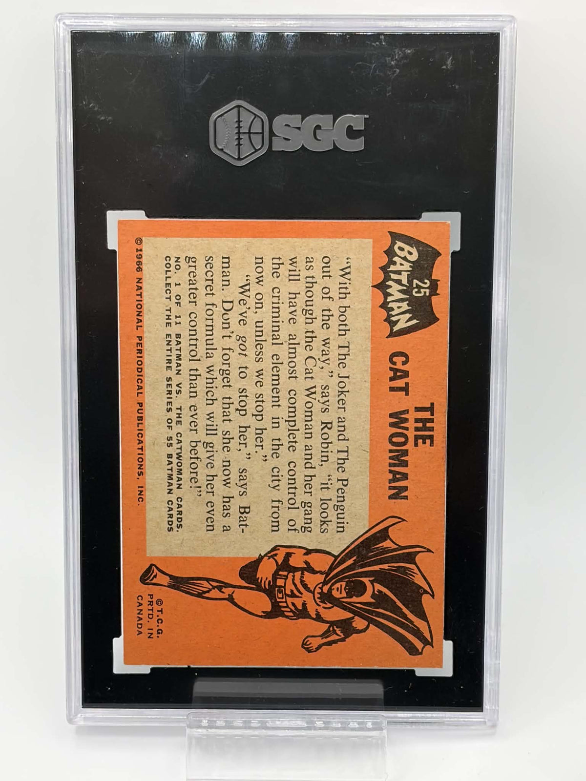 Reverse of 1966 Topps Batman #25 The Cat Woman showing PRTD. IN CANADA marking