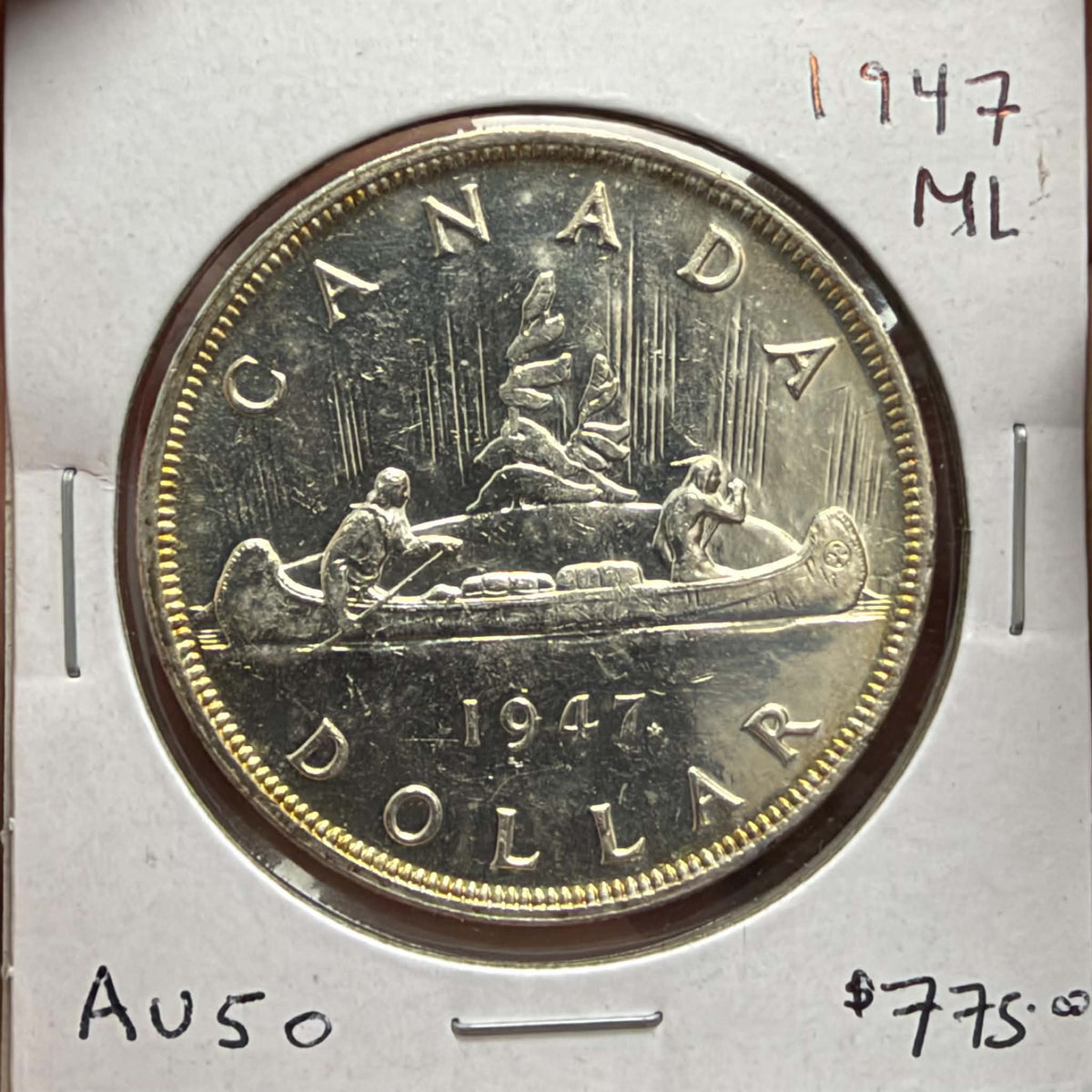 1947 Maple Leaf Canadian silver dollar George VI obverse, holder-marked AU50