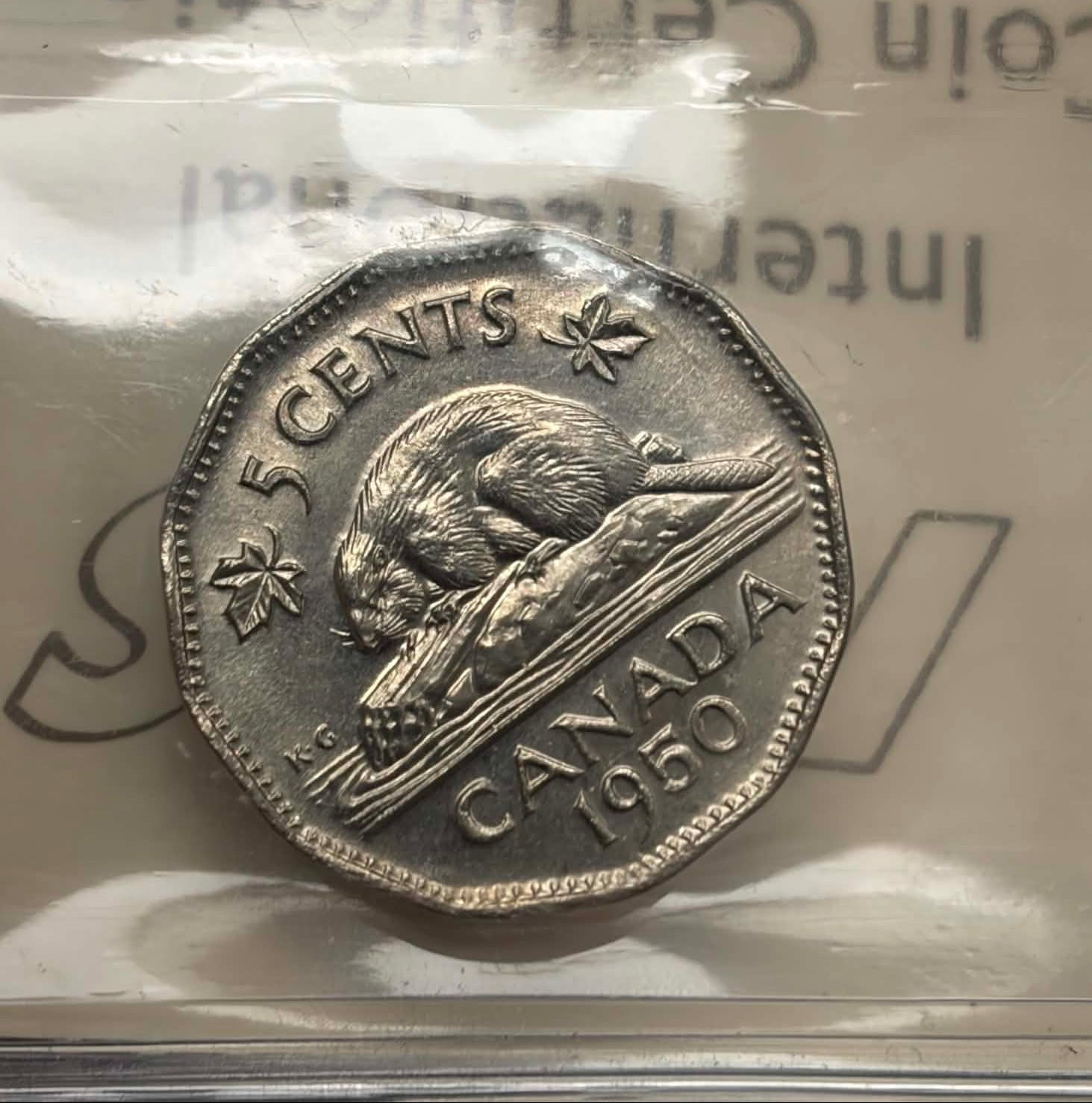 1950 Canadian 5 Cent — reverse showing beaver design, Canada 1950