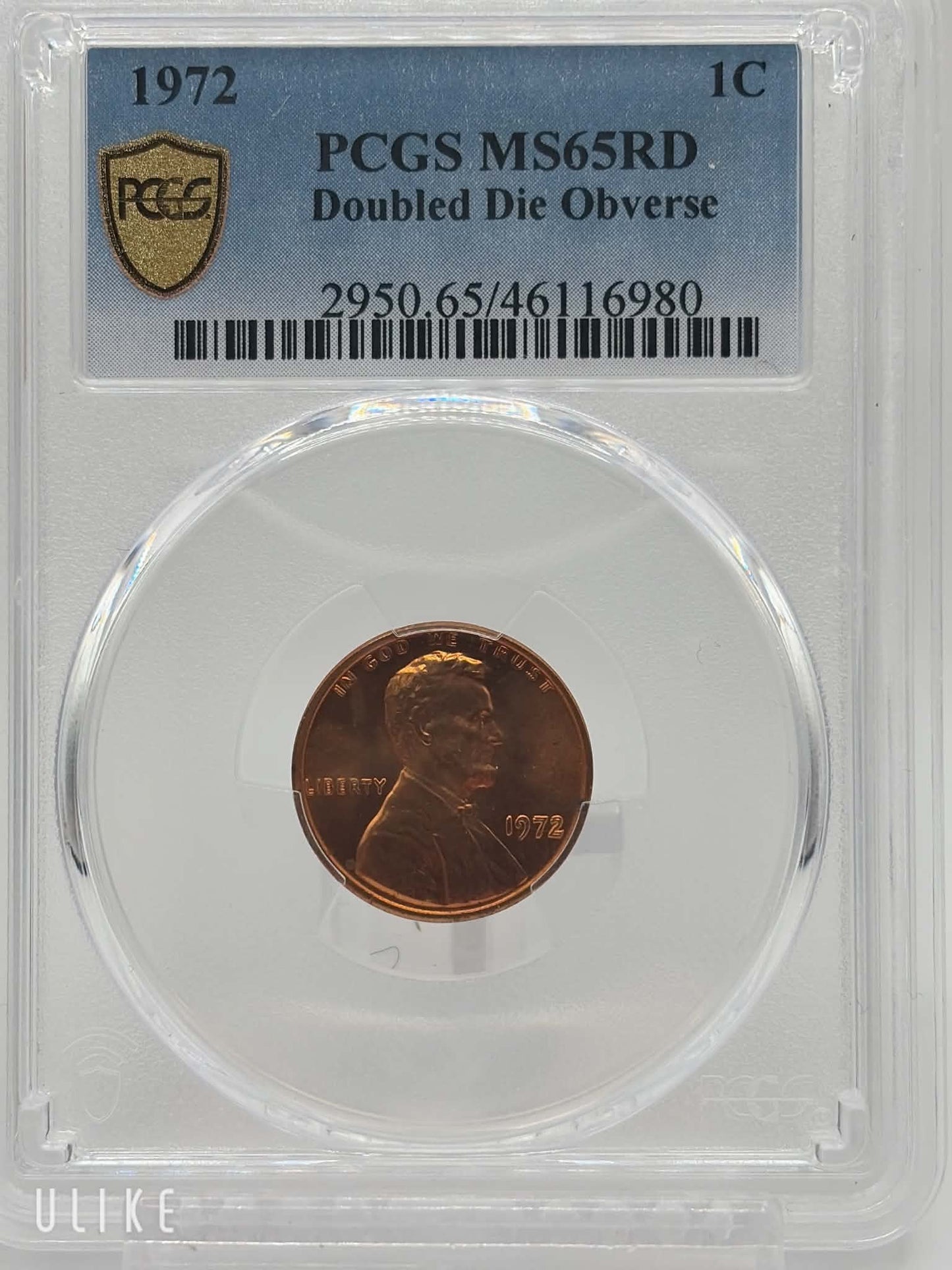 PCGS label — 1972 Lincoln Cent MS-65 RD Doubled Die Obverse, Cert No. 46116980