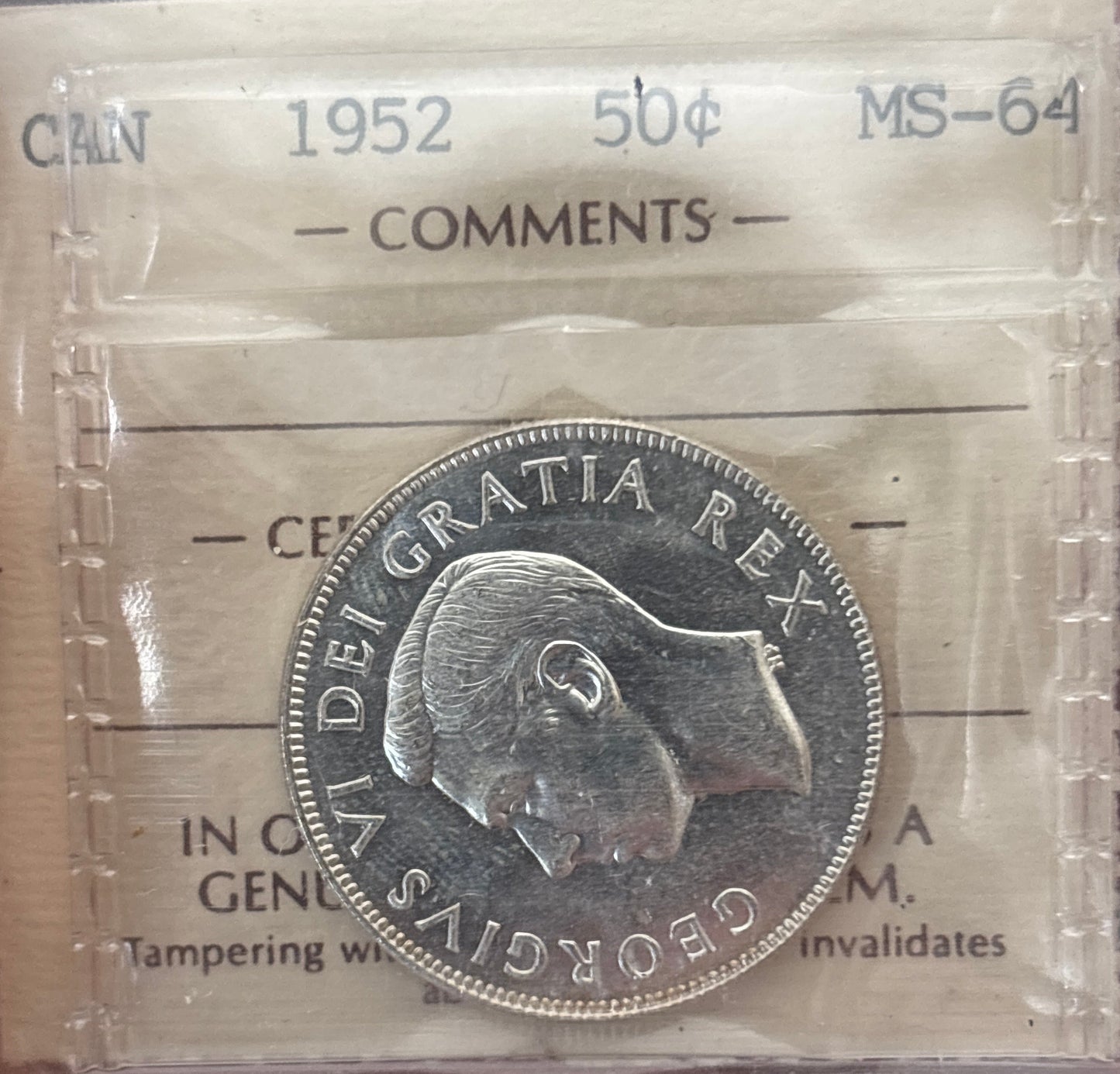 1952 Canada 50 Cent. ICCS graded MS-64