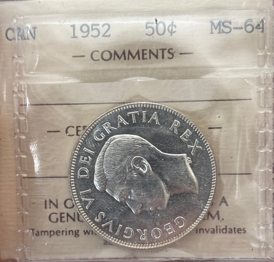 1952 Canada 50 Cent. ICCS graded MS-64