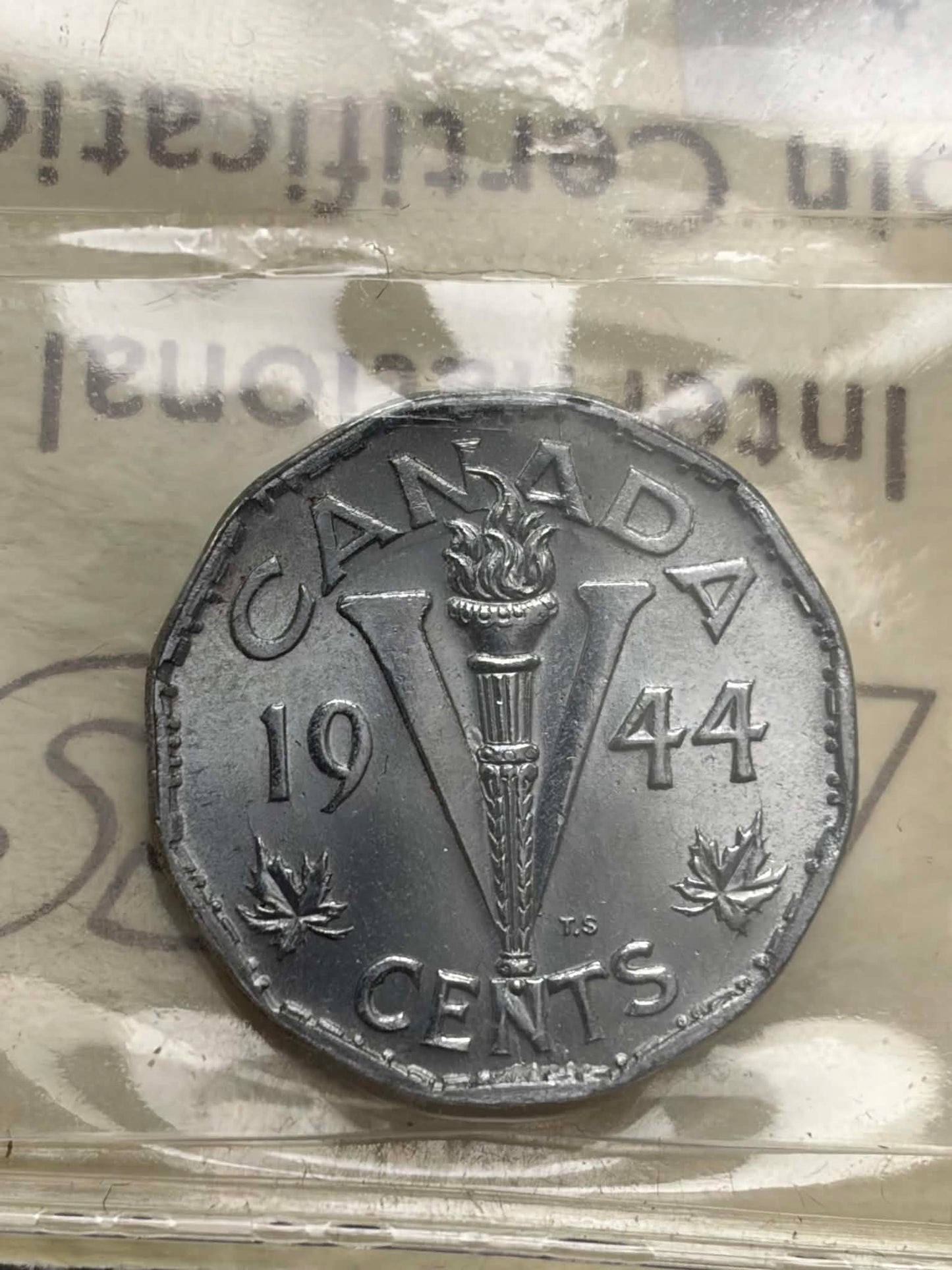 1944 Canadian 5 Cent Victory Nickel — reverse showing V for Victory design with torch and maple leaves