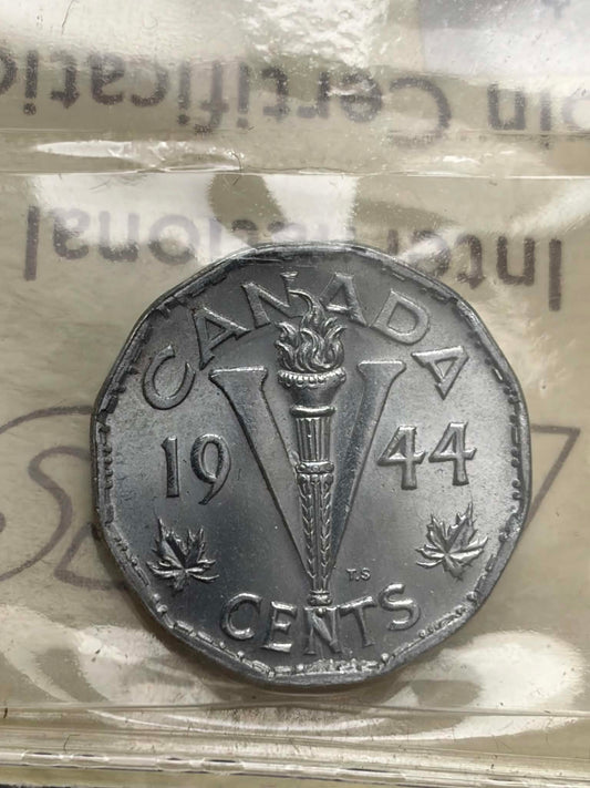 1944 Canadian 5 Cent Victory Nickel — reverse showing V for Victory design with torch and maple leaves