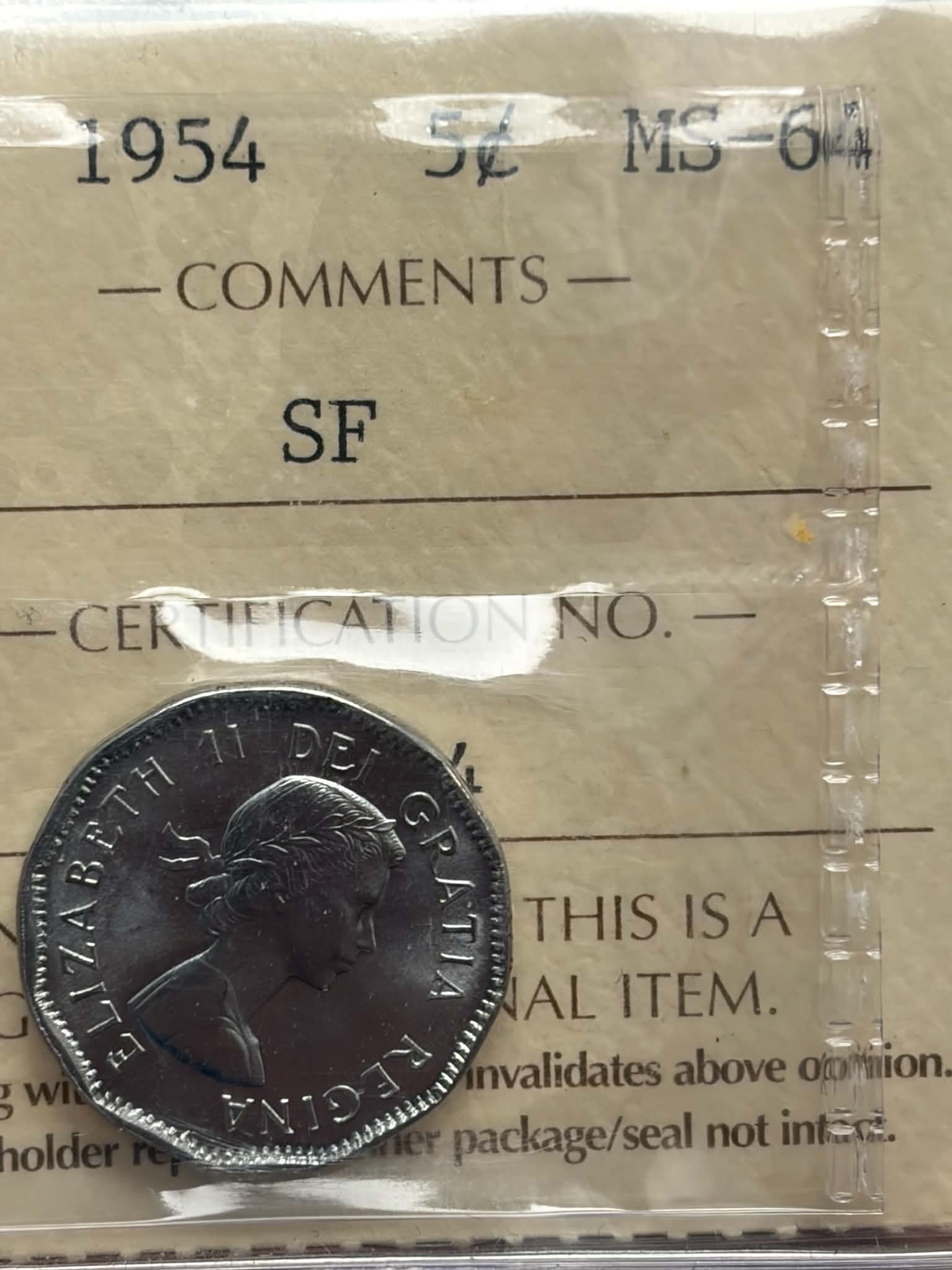 1954 Canadian 5 Cent SF — obverse showing Elizabeth II DEI GRATIA REGINA in ICCS holder