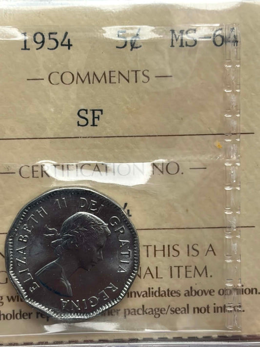1954 Canadian 5 Cent SF — obverse showing Elizabeth II DEI GRATIA REGINA in ICCS holder