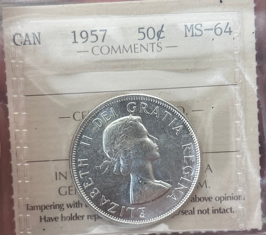 1957 Canada 50 Cent. ICCS graded MS-64