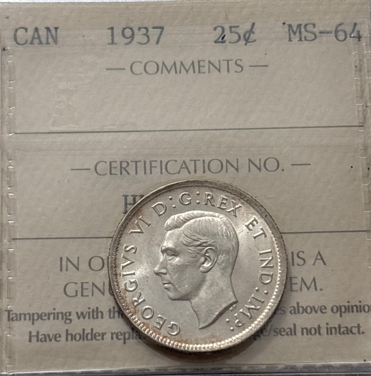 1937 Canada 25 Cent. ICCS graded MS-64