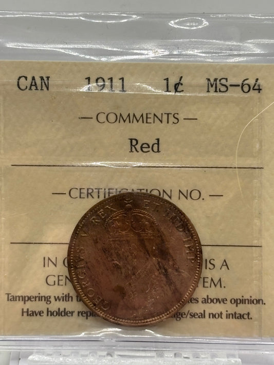 1911 Canada $0.01. ICCS graded MS-64 red.