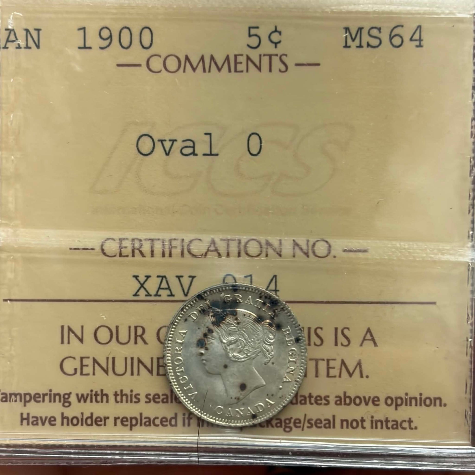 ICCS certification label — 1900 Canadian 5 Cents MS-64 Oval 0, Cert No. XAV 914