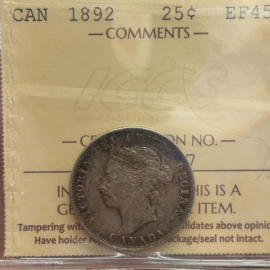 1892 Canada 25 Cents – ICCS EF45, Queen Victoria