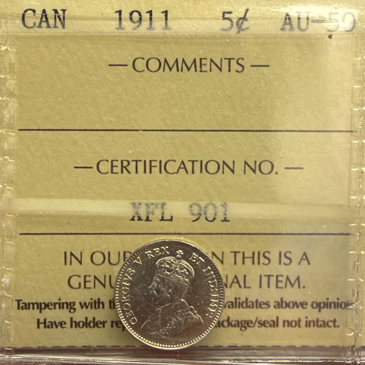 1911 Canada 5 Cents – ICCS AU50, George V