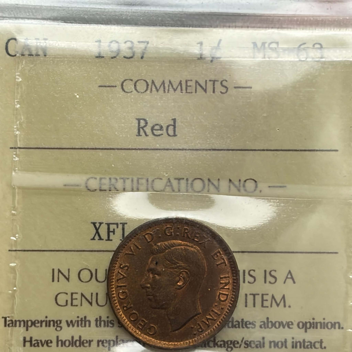 1937 Canada 1 Cent – ICCS MS63 Red, XFL 703