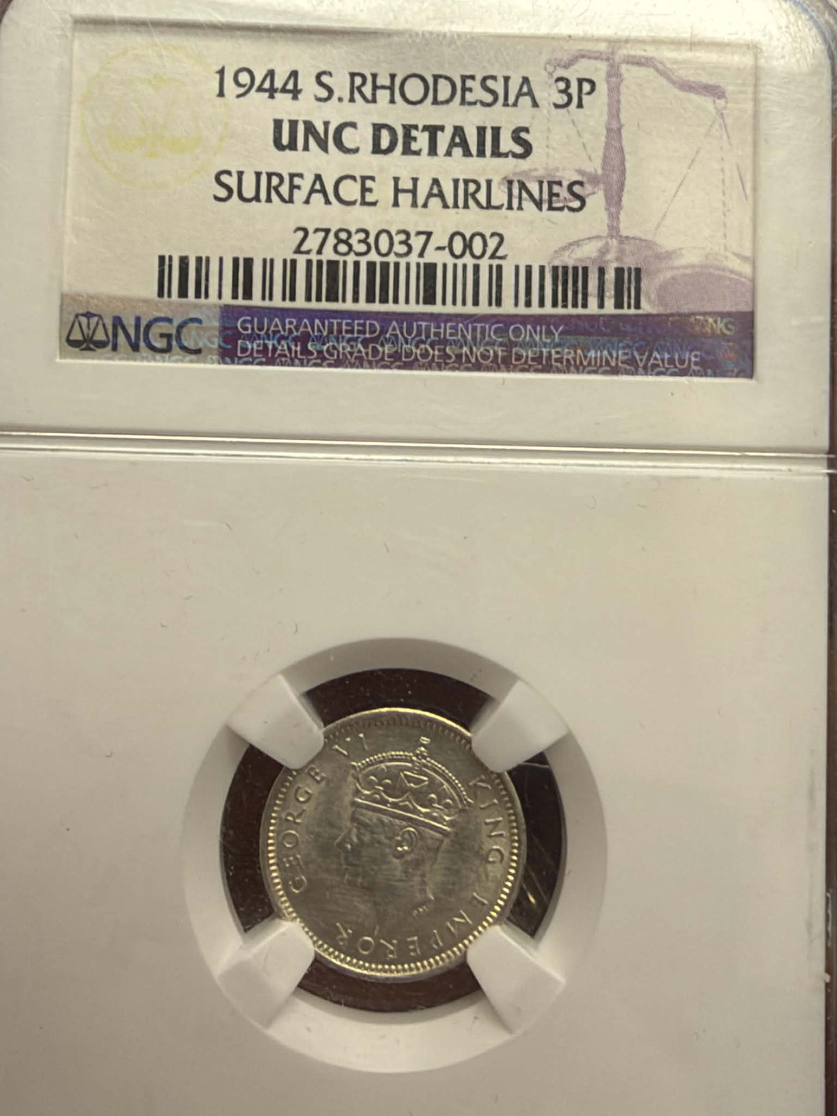 1944 Southern Rhodesia 3 Pence – NGC UNC Details, Surface Hairlines