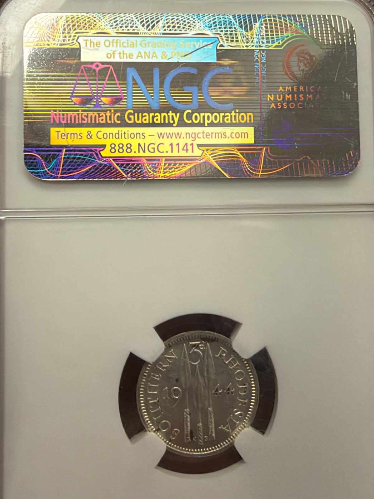 1944 Southern Rhodesia 3 Pence – NGC UNC Details, Surface Hairlines