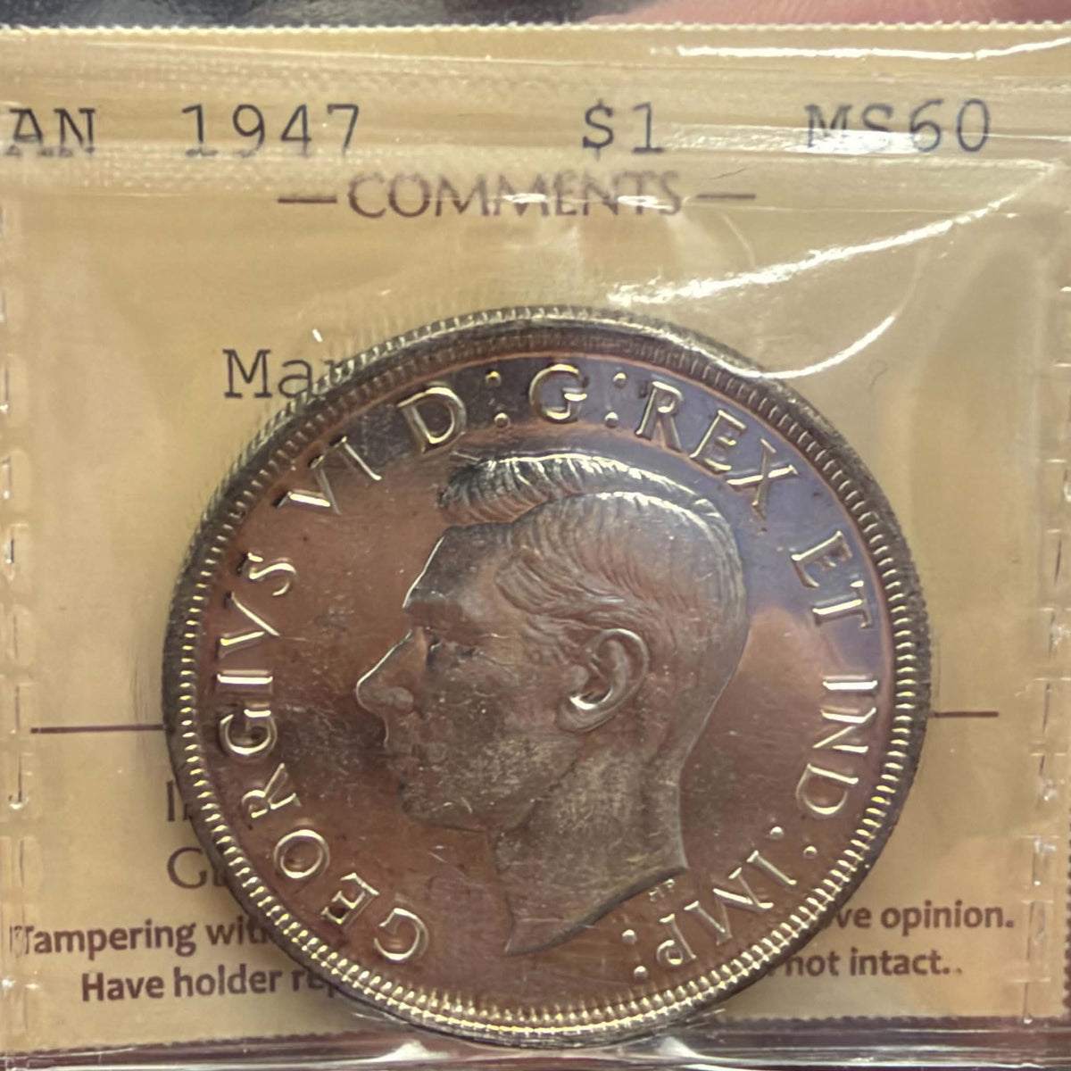 1947 Maple Leaf Canada Silver Dollar – ICCS MS60, XNV 980
