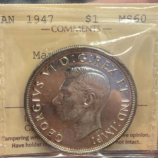 1947 Maple Leaf Canada Silver Dollar – ICCS MS60, XNV 980