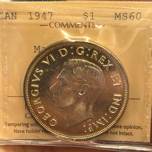 1947 Maple Leaf Canada Silver Dollar – ICCS MS60