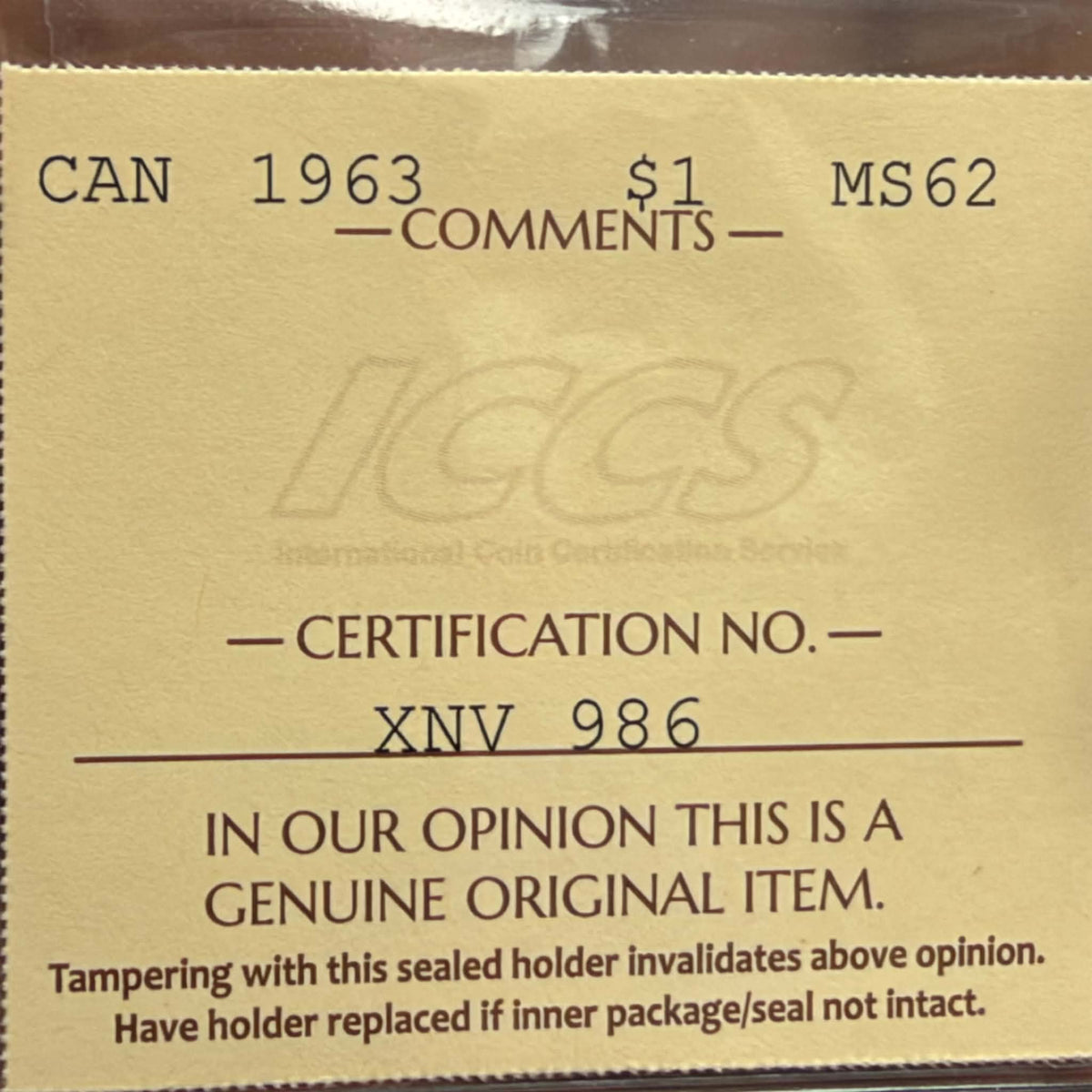 1963 Canada Silver Dollar – ICCS MS62, XNV 986
