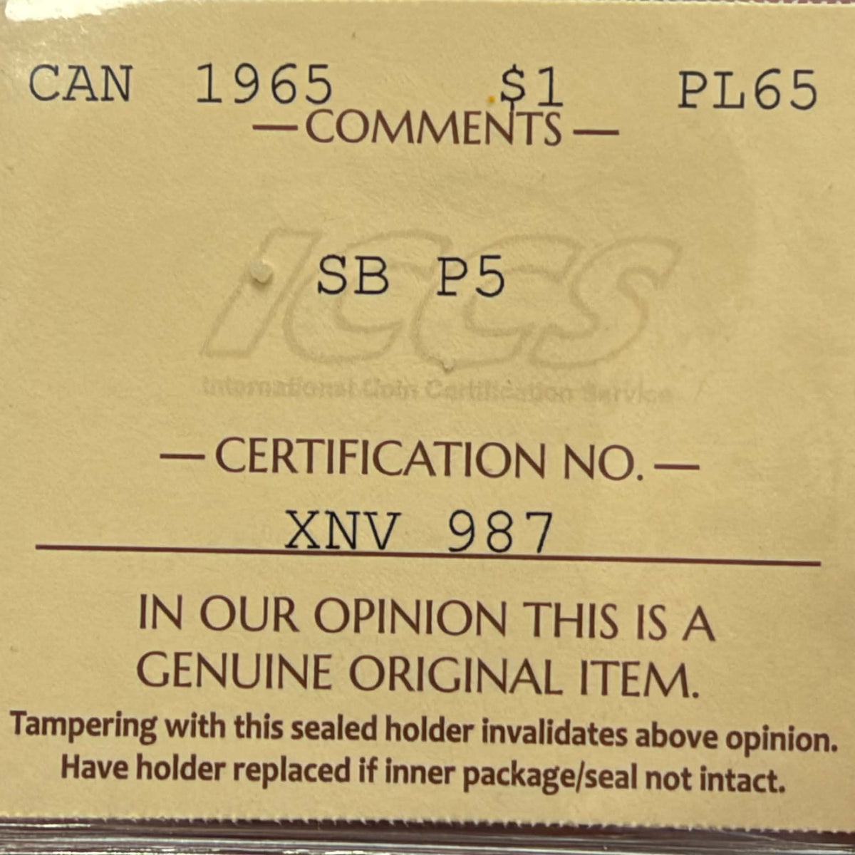 1965 Canada Silver Dollar – ICCS PL65, SB P5