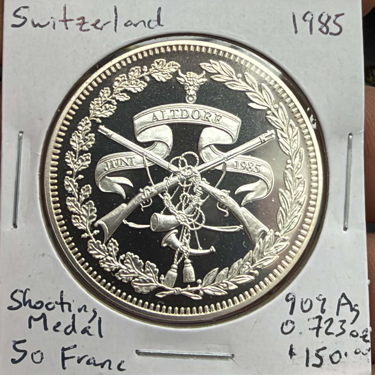 1985 Switzerland Altdorf 50 Francs – Silver Shooting Issue, Proof Finish