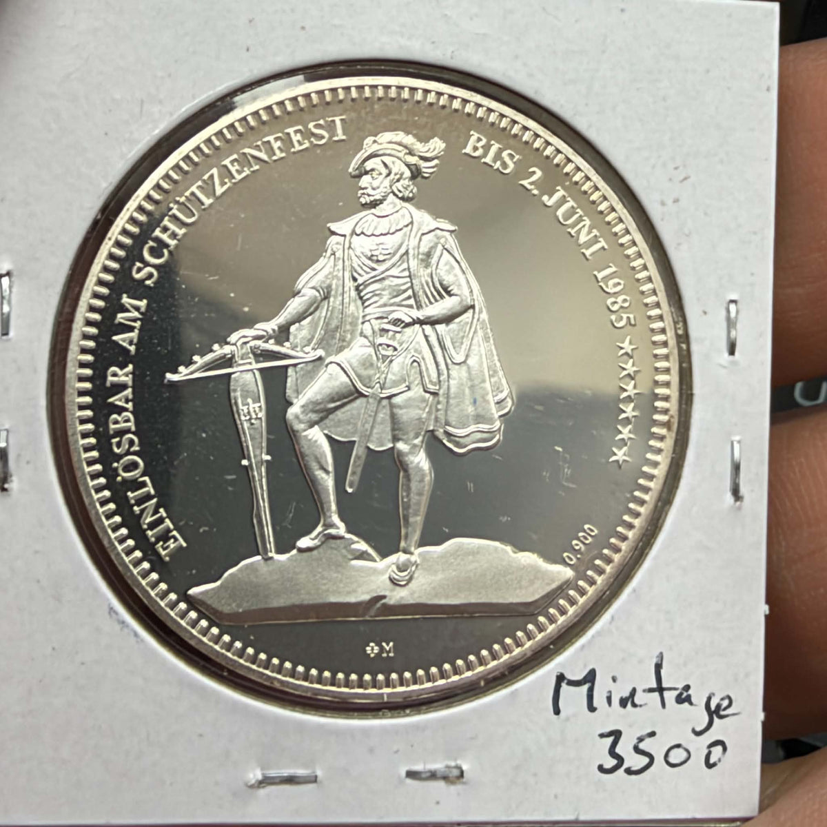 1985 Switzerland Altdorf 50 Francs – Silver Shooting Issue, Proof Finish
