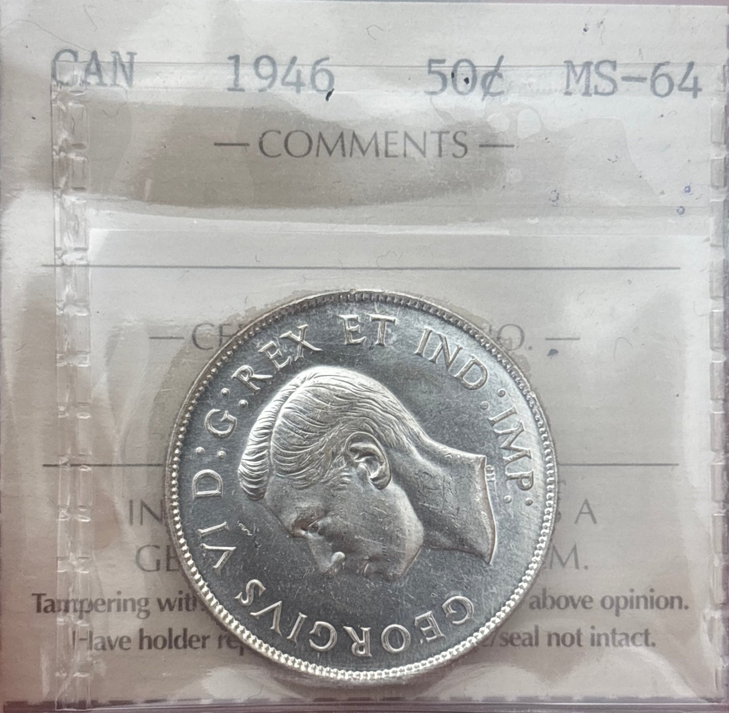 1946 Canada 50 Cent. ICCS graded MS-64