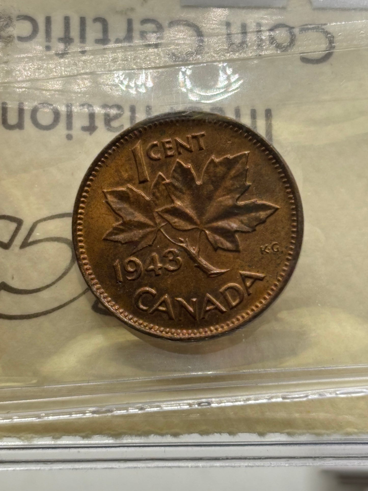 1943 Canada $0.01. ICCS graded MS-65 Red
