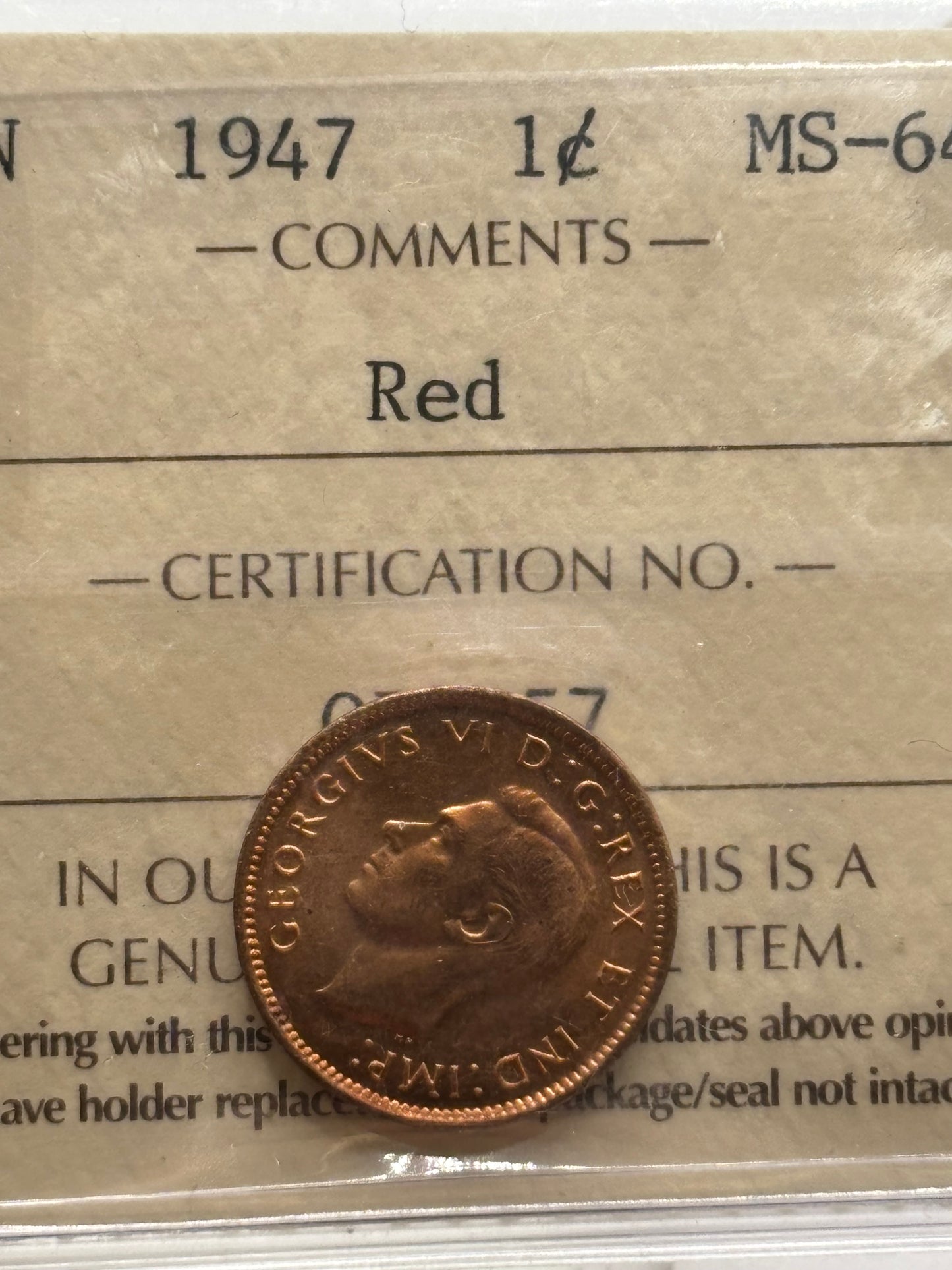 1947 Canada $0.01. ICCS graded MS-63 Red