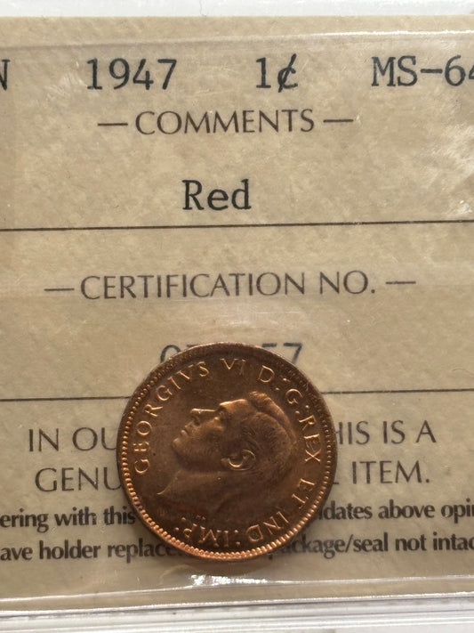 1947 Canada $0.01. ICCS graded MS-63 Red