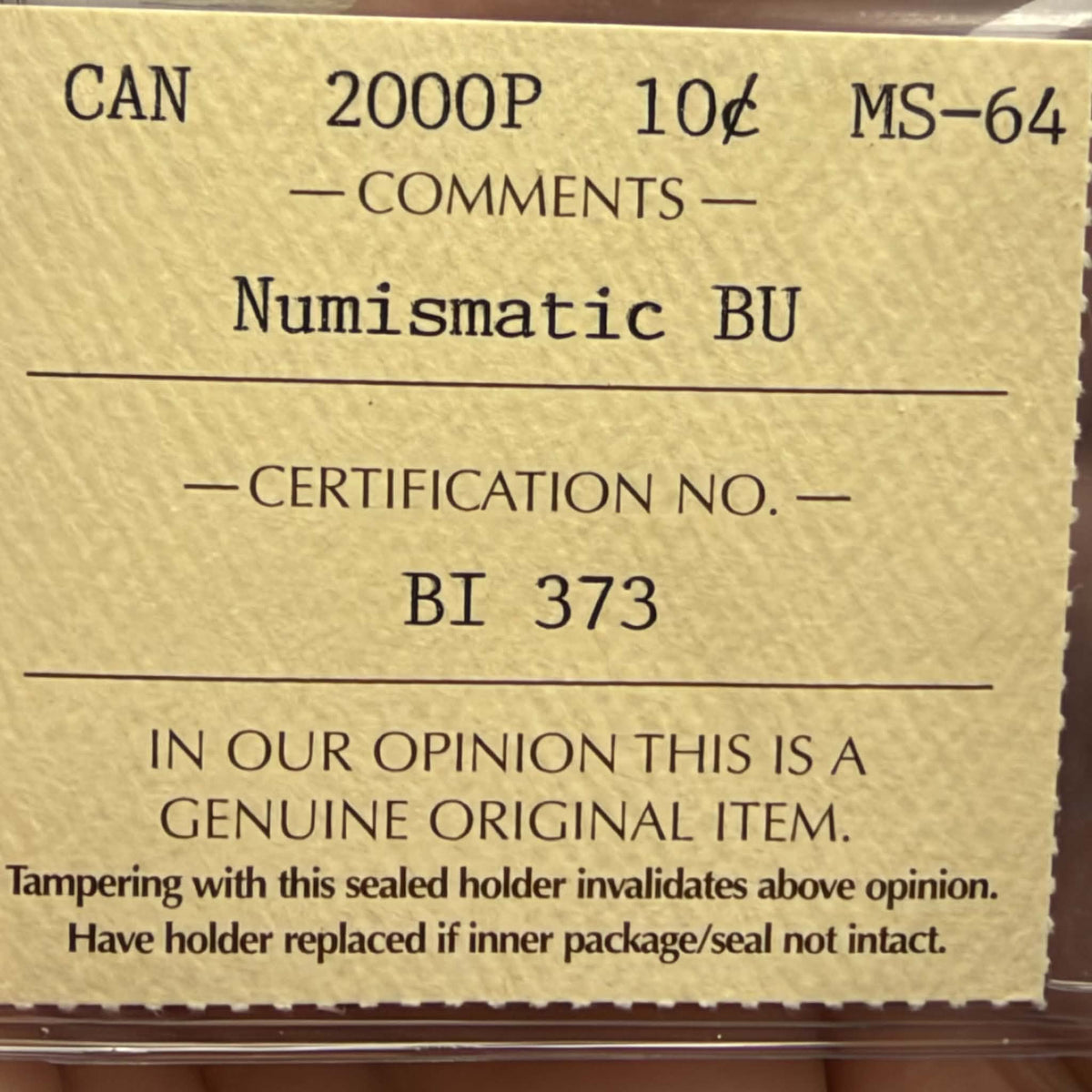 2000P Canadian 10 Cents – ICCS MS64 – Numismatic BU