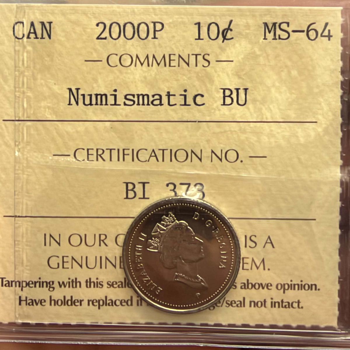 2000P Canadian 10 Cents – ICCS MS64 – Numismatic BU
