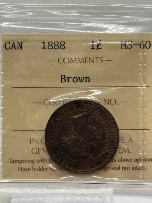 1888 Canada $0.01. ICCS graded MS-60 brown.