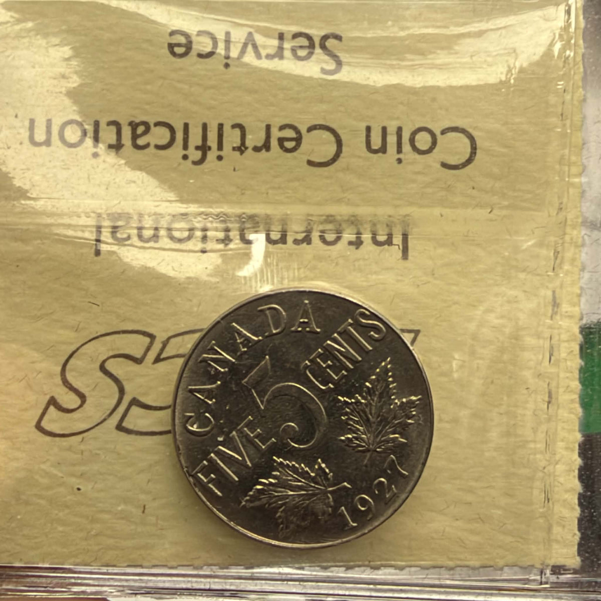 1927 Canadian five cents George V crowned portrait, ICCS AU55, XID 596