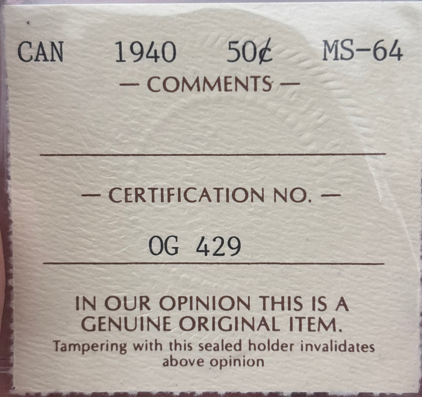 1940 Canada 50 Cent. ICCS graded MS-64
