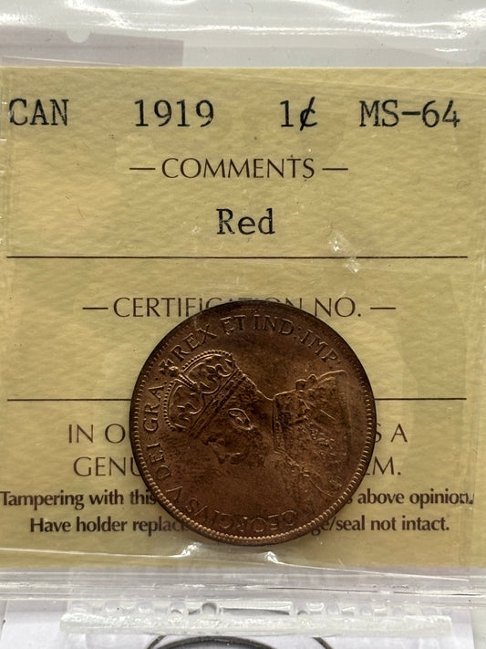 1919 Canada $0.01. ICCS graded MS-64 red.