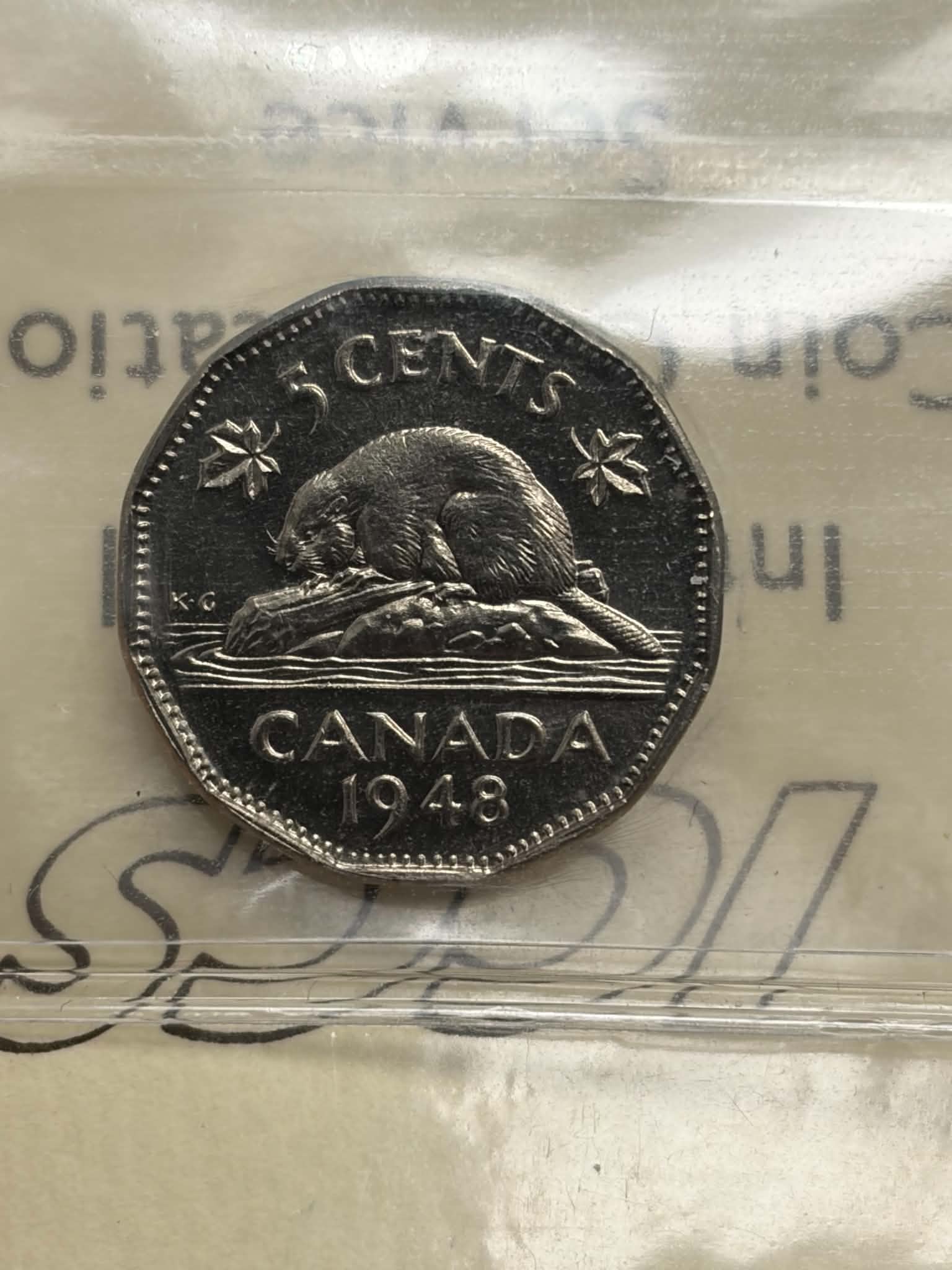 1948 Canadian 5 Cent — reverse showing beaver design, Canada 1948