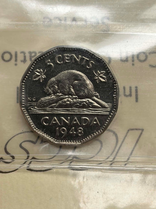 1948 Canadian 5 Cent — reverse showing beaver design, Canada 1948