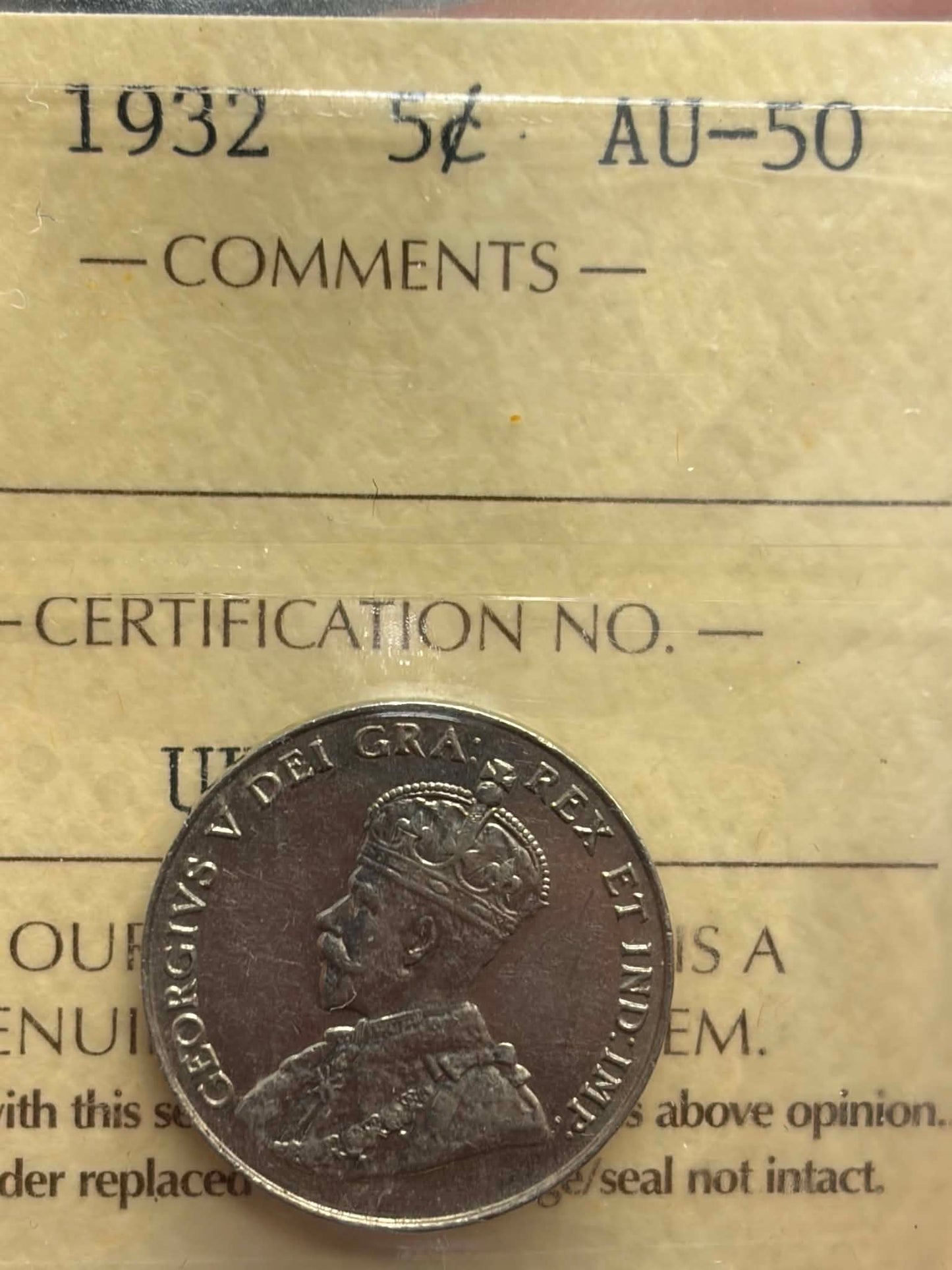 1932 Canadian 5 Cent — ICCS AU-50 | George V