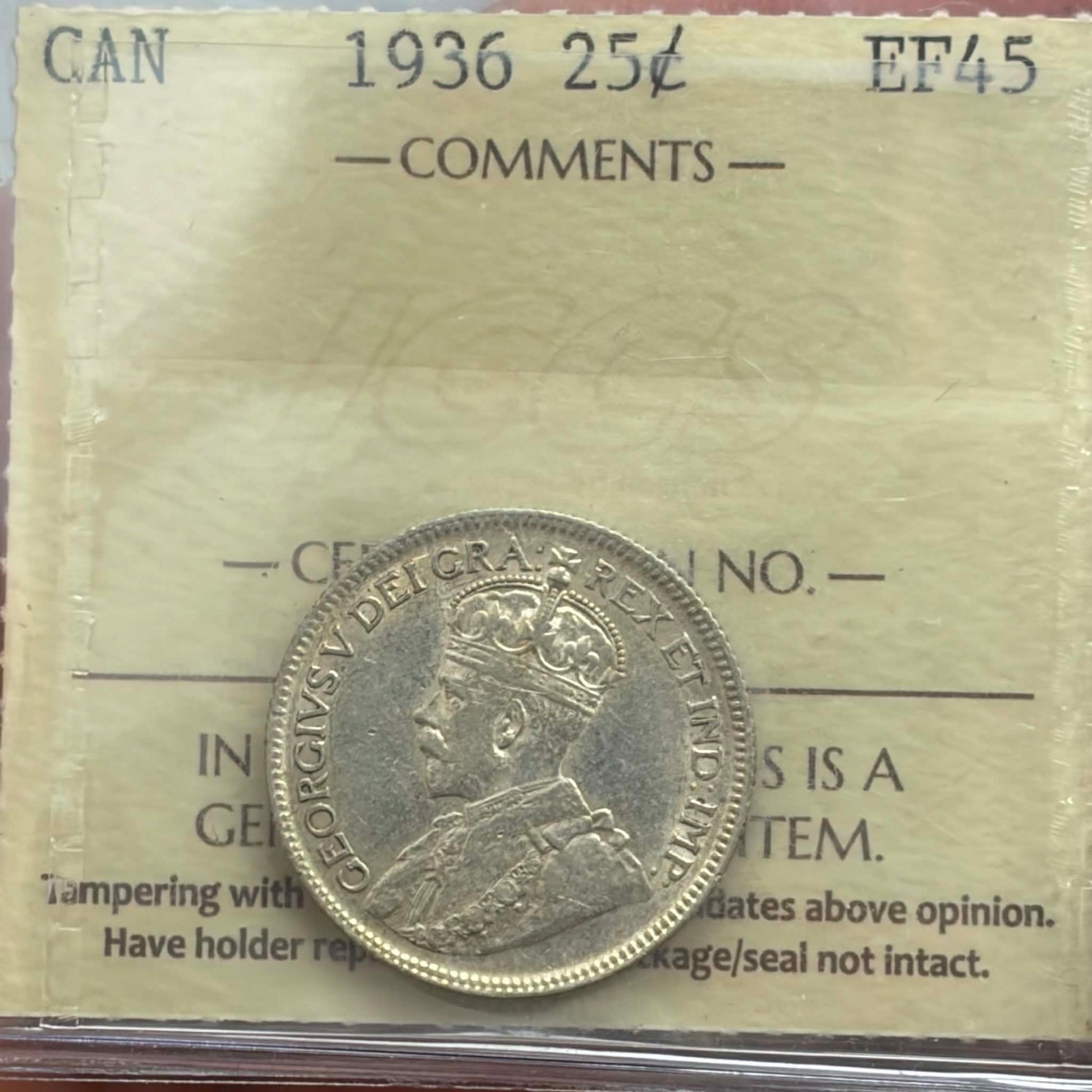 1936 Canadian 25 Cents — obverse showing George V crowned portrait in ICCS holder, EF-45