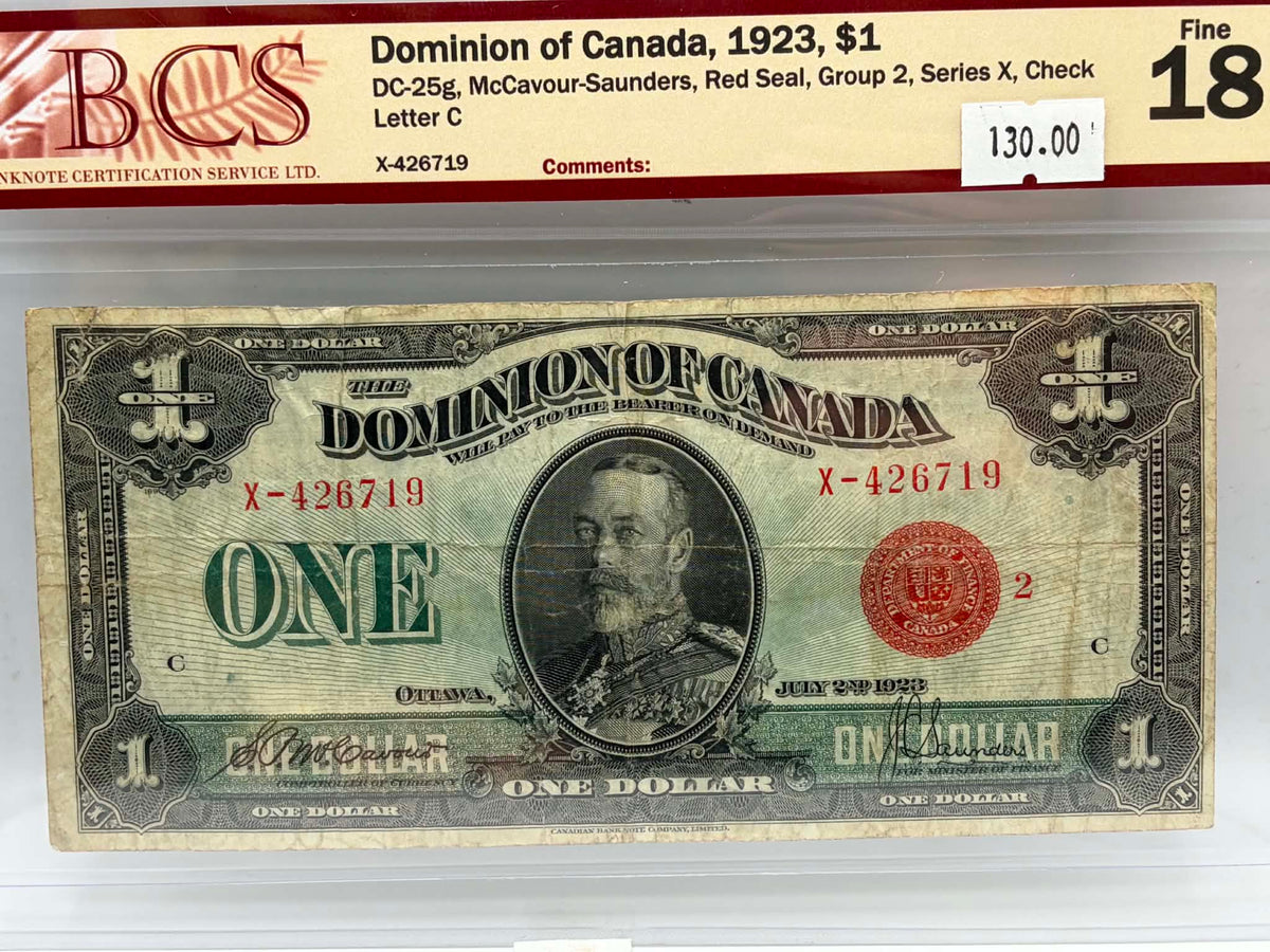 1923 Dominion of Canada $1 DC-25g McCavour-Saunders Red Seal BCS Fine 18 - Reverse
